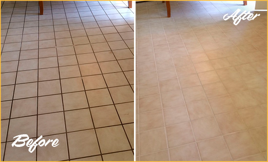 Before and After Picture of a The Crossings Kitchen Tile and Grout Cleaned to Remove Embedded Dirt
