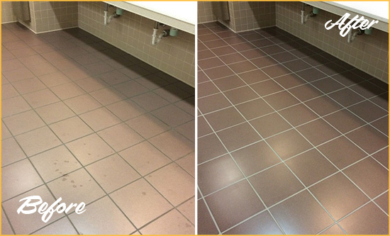 Before and After Picture of a The Crossings Restrooms Tile and Grout Cleaned to Remove Embedded Dirt