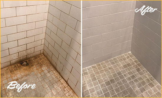 Before and After Picture of a The Crossings Shower Tile and Grout Cleaned to Eliminate Mold and Stains