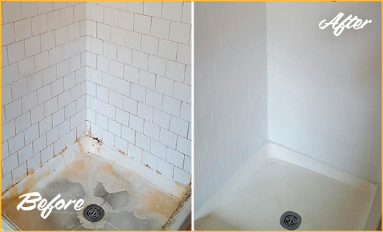 Before and After Picture of a The Crossings Shower Tile and Grout Cleaned to Remove Soap Scum