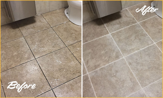 Before and After Picture of a The Crossings Restroom Tile and Grout Cleaned to Remove Soil