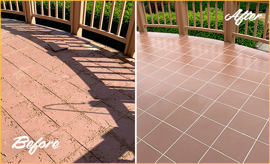 Before and After Picture of a Hialeah Gardens Hard Surface Restoration Service on a Tiled Deck