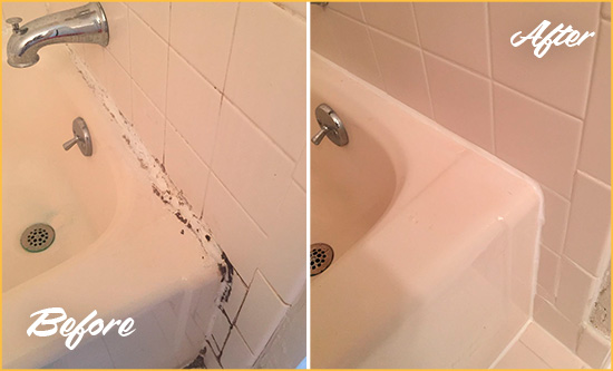 Before and After Picture of a Hialeah Gardens Hard Surface Restoration Service on a Tile Shower to Repair Damaged Caulking