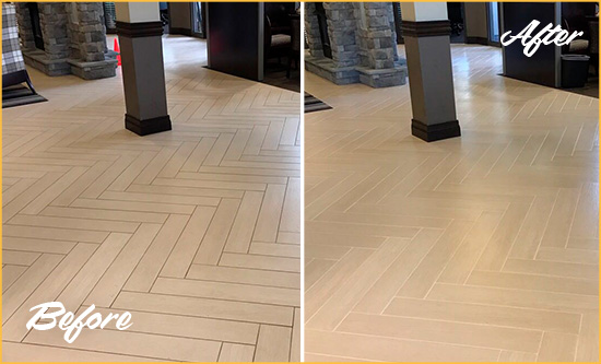 Before and After Picture of a Hialeah Gardens Hard Surface Restoration Service on an Office Lobby Tile Floor to Remove Embedded Dirt