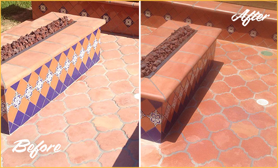 Before and After Picture of a Hialeah Gardens Hard Surface Restoration Service on a Dull Terracotta Patio Floor to Recover Its Color