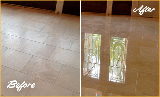 Before and After Picture of a Hialeah Gardens Hard Surface Restoration Service on a Dull Travertine Floor Polished to Recover Its Splendor