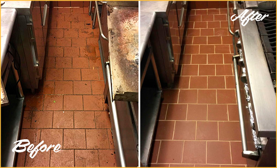 Before and After Picture of a Hialeah Gardens Hard Surface Restoration Service on a Restaurant Kitchen Floor to Eliminate Soil and Grease Build-Up