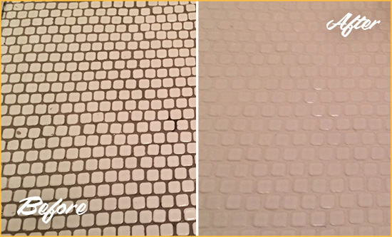 Before and After Picture of a Hialeah Gardens Hard Surface Restoration Service on a Bathroom Tile Floor Recolored to Fix Grout Color